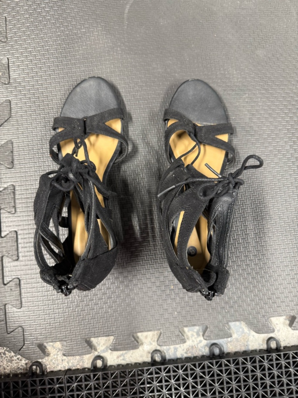 Black Lace-Up Suede Heeled Sandals — Women